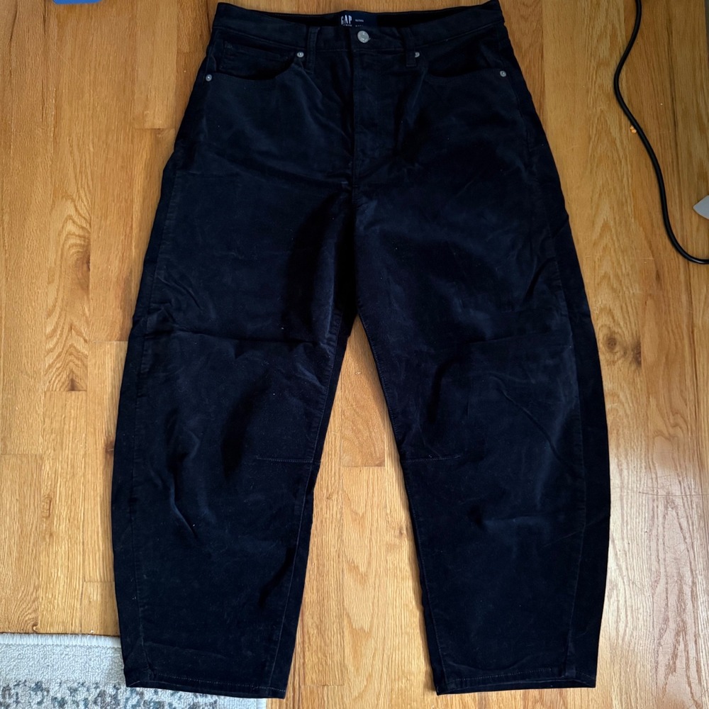 Gap High Rise Barrel Velvet Pants Womens 10 Short Black Tapered Wide Leg Holiday - Picture 3 of 9